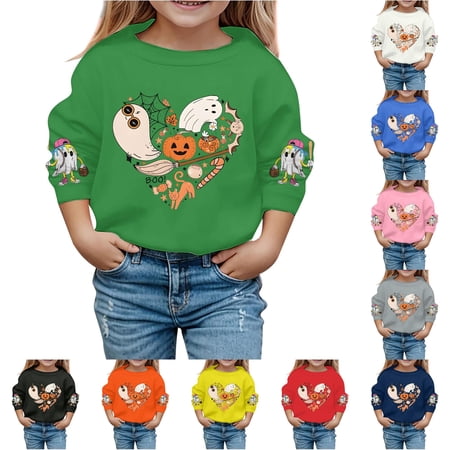 SONXAHE Little Girls Ghost Sweatshirt Crewneck Long Sleeve Printed Party Pullover Daily Sweatshirt Green