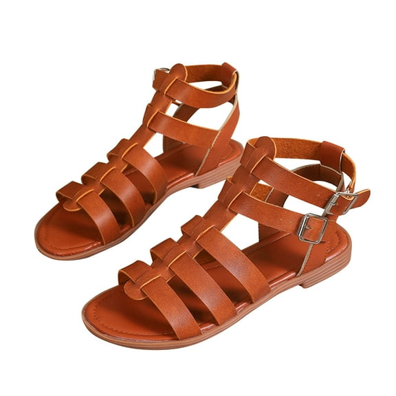Women'S Gladiator Double Buckle Sandals Flat Open Toe Ankle Strap Sandals Casual Anti Slip Back Zippered Beach Sandals Brown Women Sandal