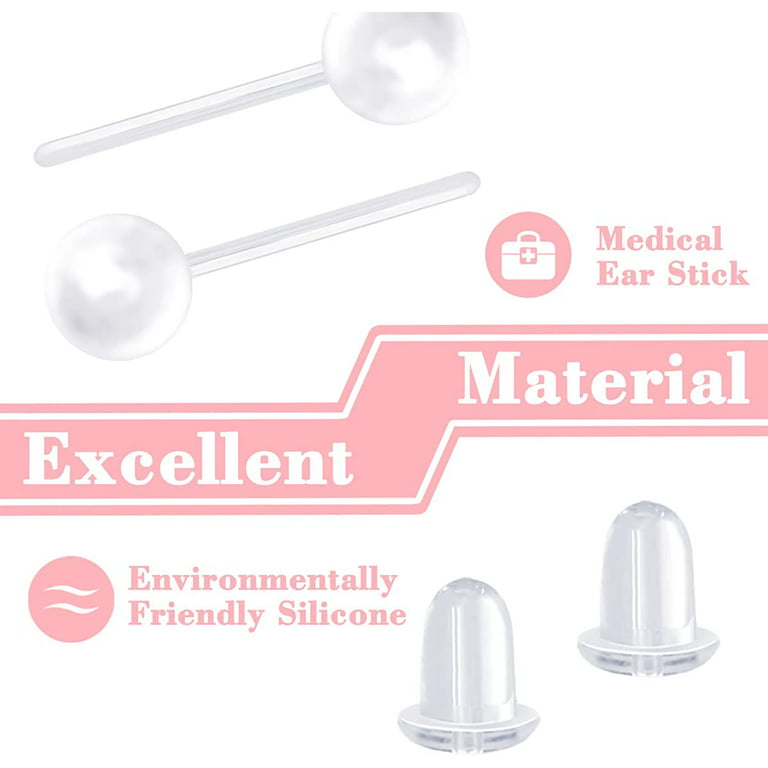 Dangling Clear Earring Studs, 3mm Plastic Invisible Earrings Blank Pins, Plastic Earrings Posts Rubber Earrings for Surgery, Sport and Work (240