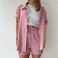 thumbnail image 2 of GILIGEGE Linen Sets for Women 2 Piece Summer Women's Spring and Summer Short Sleeve Shorts Solid Color Cotton Linen Thin Shirt Button Suit Lounge Beach Vacation Two Piece Outfits Tracksuits Pink 3Xl, 2 of 5