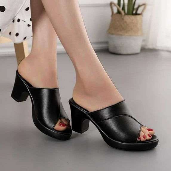 Abcnature Women Sandals Clearance 2023! Women's Heeled Sandals Backless Mules Slip On Block Heels Fashion High Heel Sandals Casual Beach Open-toe Shoes Chunky Heel Slippers Non-Slip