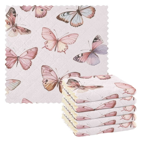 6 Pieces of Kitchen Towels 11x11Inch Kitchen Dish Cloths Kitchen Dish Towels Reuseable Cleaning Cloths Pretty Pink Butterfly