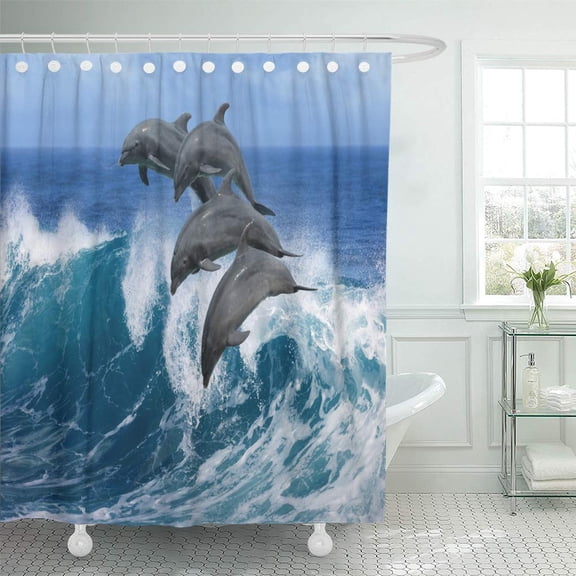 CYNLON Four Beautiful Dolphins Jumping Over Breaking Waves Hawaii Pacific Ocean Bathroom Decor Bath Shower Curtain 66x72 inch