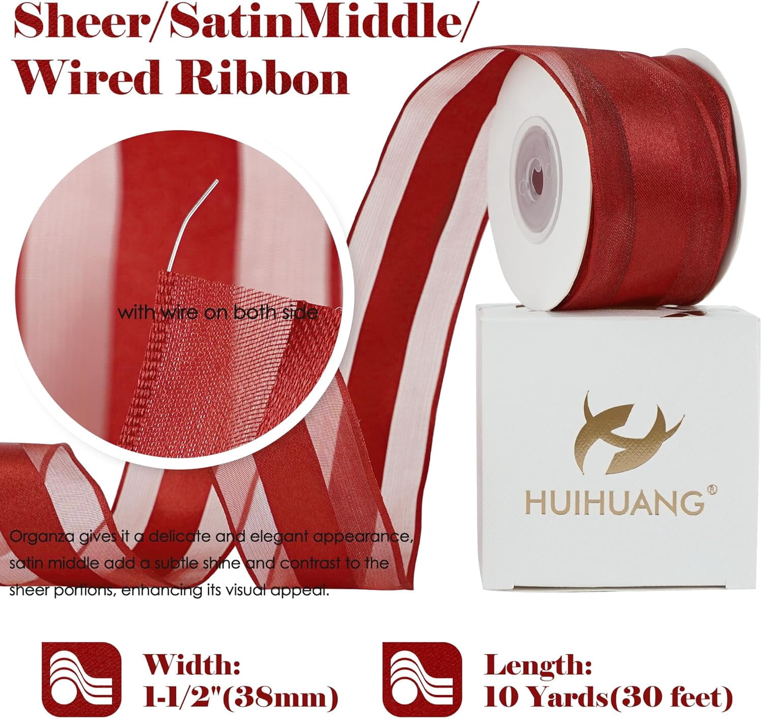 Red Sheer Wired Ribbon with Satin Stripe 1-1/2" Red Wired Ribbon for Christmas Tree, Bows Making, Wreaths, Garland, Gift Wrapping, Wedding Decorations-Continous 10 Yards
