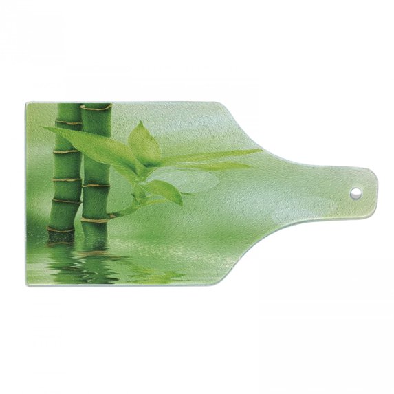 Plant Cutting Board, Chinese Ecology Picture of Bamboo Sticking out of the Water Serene Atmosphere, Decorative Tempered Glass Cutting and Serving Board, Wine Bottle Shape, Emerald Green, by Ambesonne