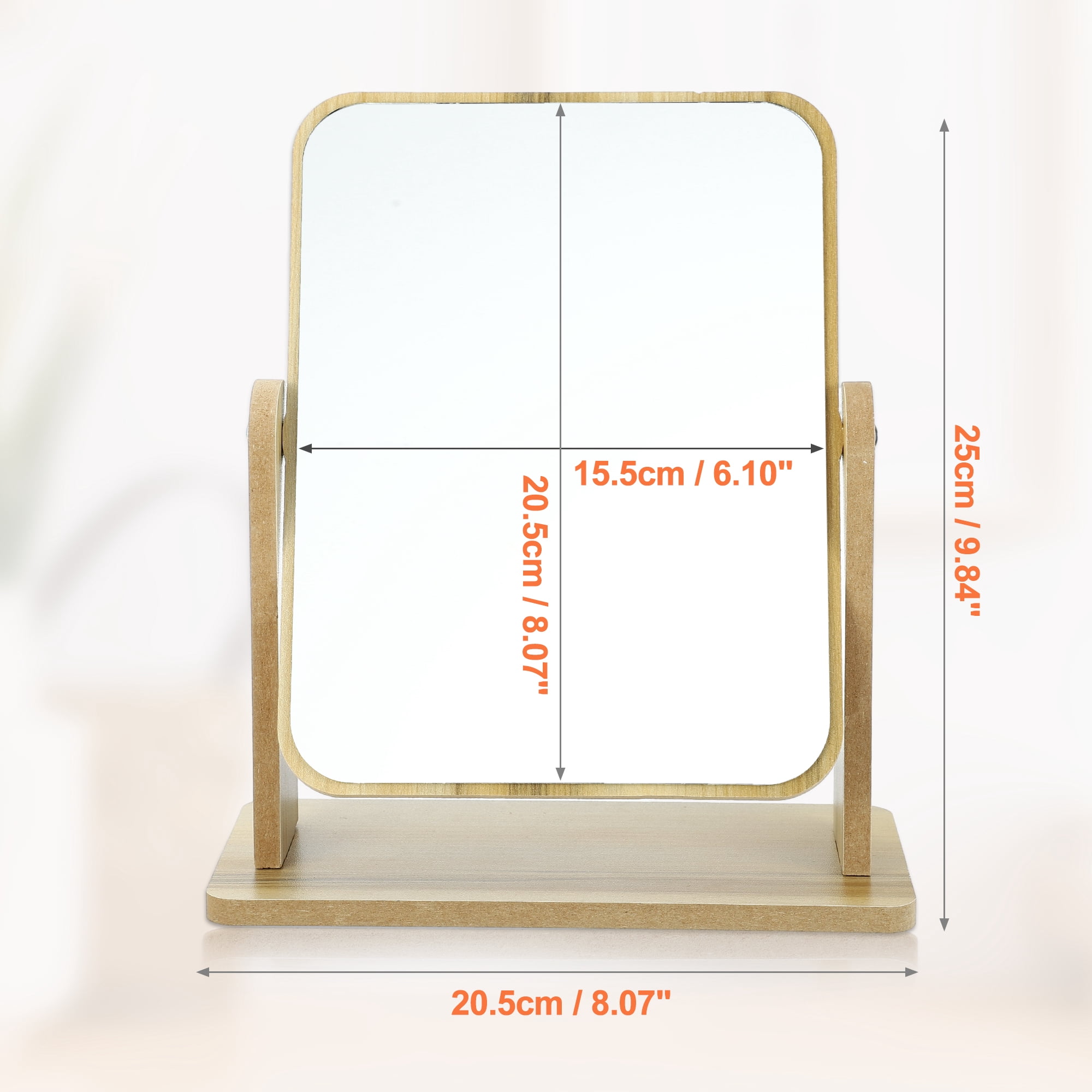 Unique Bargains Wooden Makeup Mirror 360 Rotating Desk Stand Beige 8.07"x3.94"x9.84"