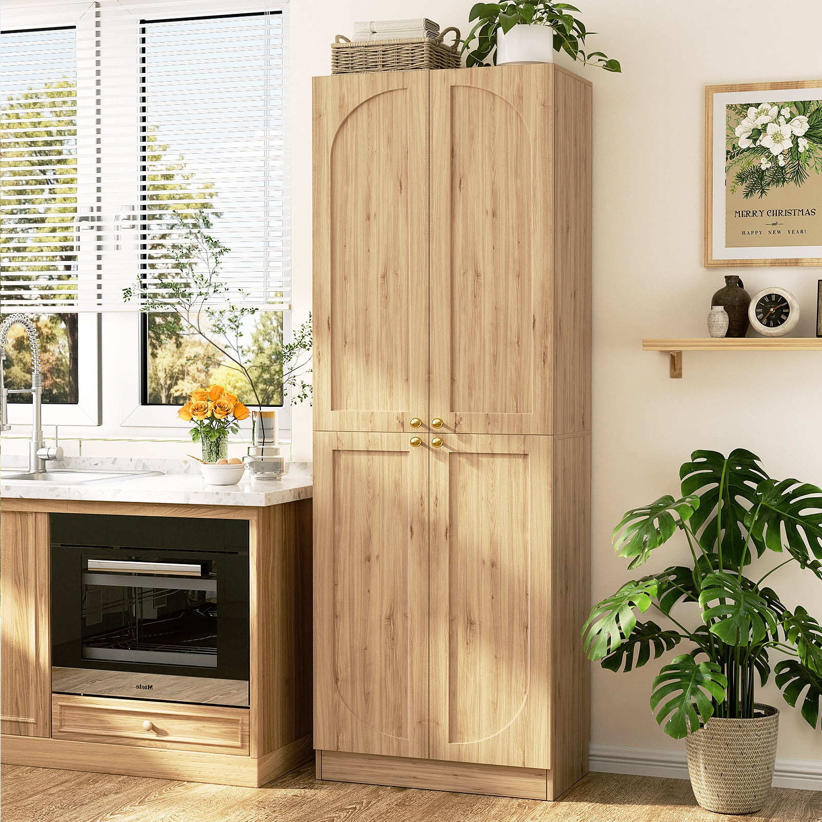 Homieasy 80" Kitchen Pantry Cabinet, Extra Tall Arch Storage Cabinet, Natural