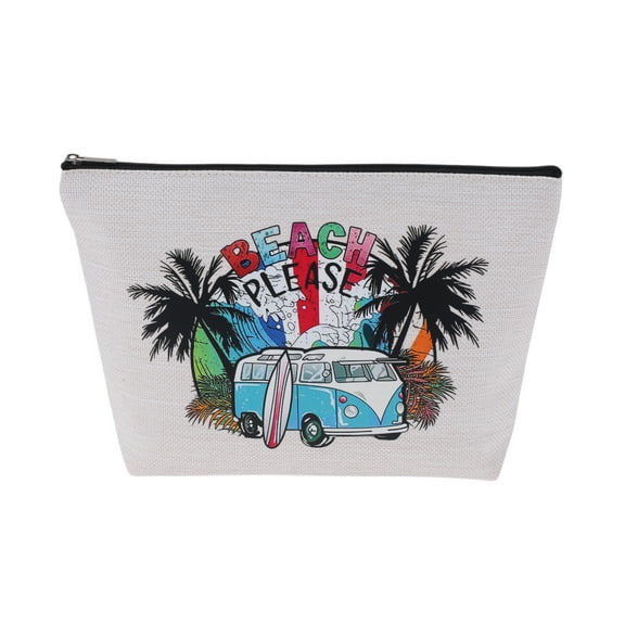 Unique Bargains 1 Pc Linen Printed Makeup Bag for Vacation Business White Flax