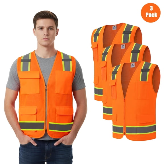 Zfeel Hi-Vis Reflective Safety Vest, Moisture-Wicking Safety Neon Orange Color Vest, 3-Pack, S