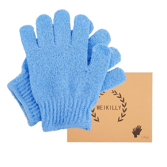 Bath Gloves for Shower, 1 Pair Natural Bamboo Exfoliating Washing Gloves for Body Face Both Hands (Blue)