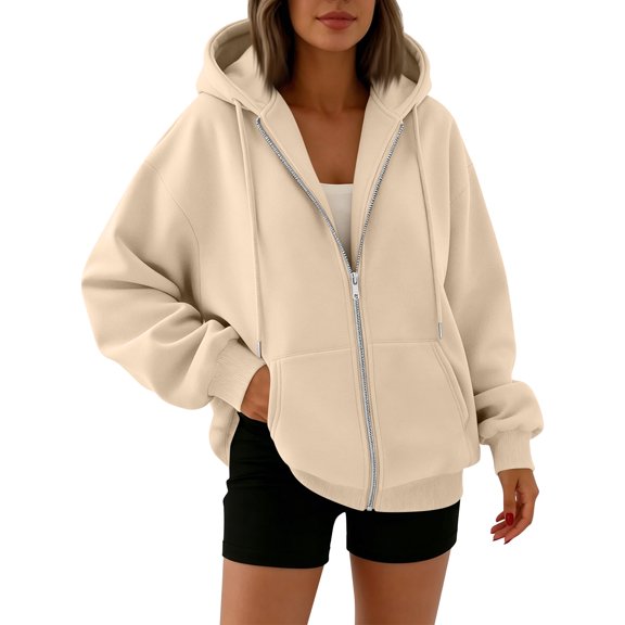 Garbnen Zip Up Hoodie for Women Long Sleeve Fleece Jacket Women Full Zip Comfy Trendy Fall Winter Warm Over Sized Sweatshirt for Women with Pockets Khaki XL