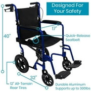 Vive Lightweight Foldable Transport Wheelchair with Handbrakes, Blue