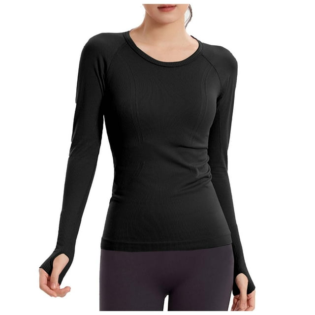 Hvobtty T-Shirt Décontracté à Manches Longues et Col Rond pour Femmes, Haut Ajusté Sportif à Col Rond Uni pour l'Hiver
