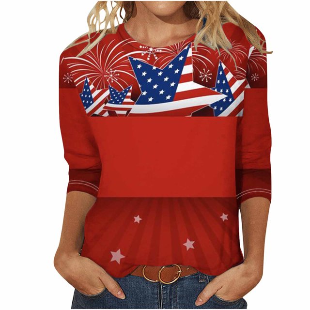 Camisetas Casuales de las Mujeres de Moda Impresa 3/4 Mangas Blusa Cuello Redondo para el Hogar Y Diario