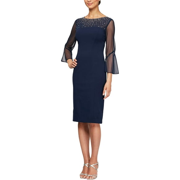 Alex Evenings Womens Short Shift Dress with Embellished Illusion Detail, Navy/Silver, 4
