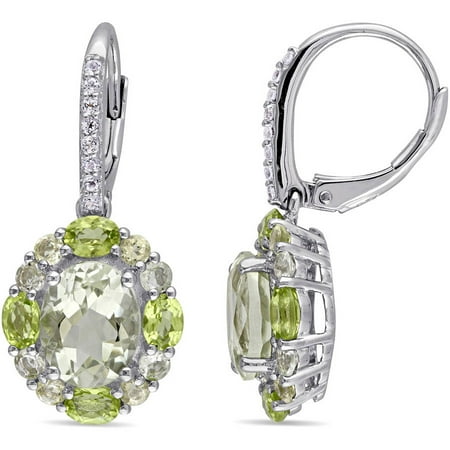 Tangelo 5-4/5 Carat T.G.W. Green Amethyst, White Topaz and Peridot with Lemon Quartz Yellow Rhodium-Plated Sterling Silver Halo Earrings