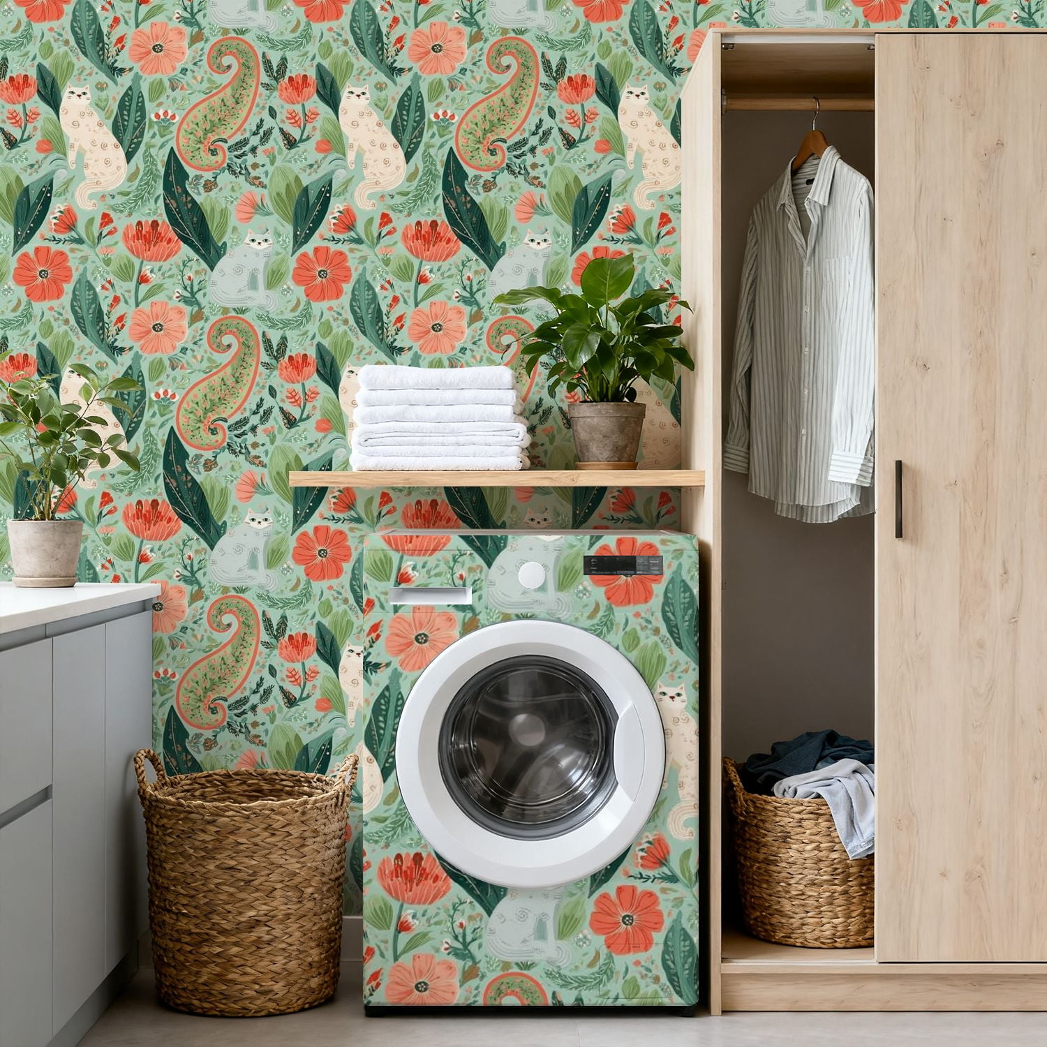 Paisley Peel and Stick Wallpaper 17.7in x 9.8ft Whimsical Cats Floral Botanical Teal Coral Tones Contact Paper Vinyl Waterproof Self Adhesive Wall Paper for Bedroom Shelf Cabinet Renter Friendly