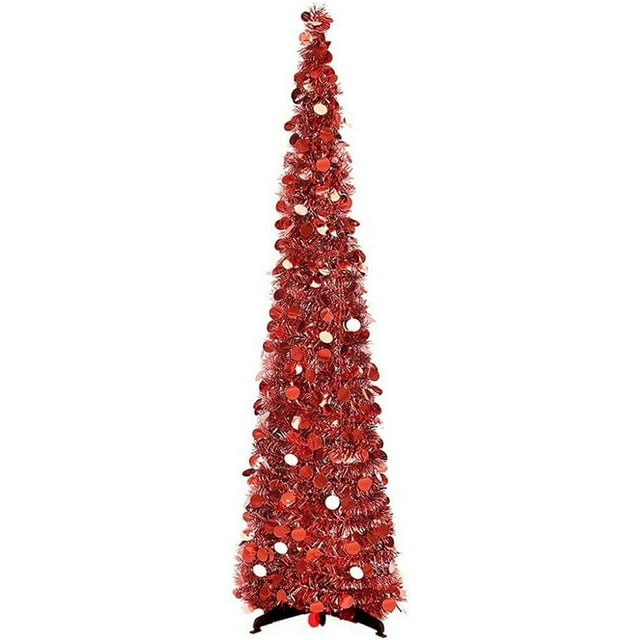 Artificial Tinsel Christmas Tree Slim Cone Shaped Decorative Tree with Metallic Foil Discs for Indoor Holiday Display