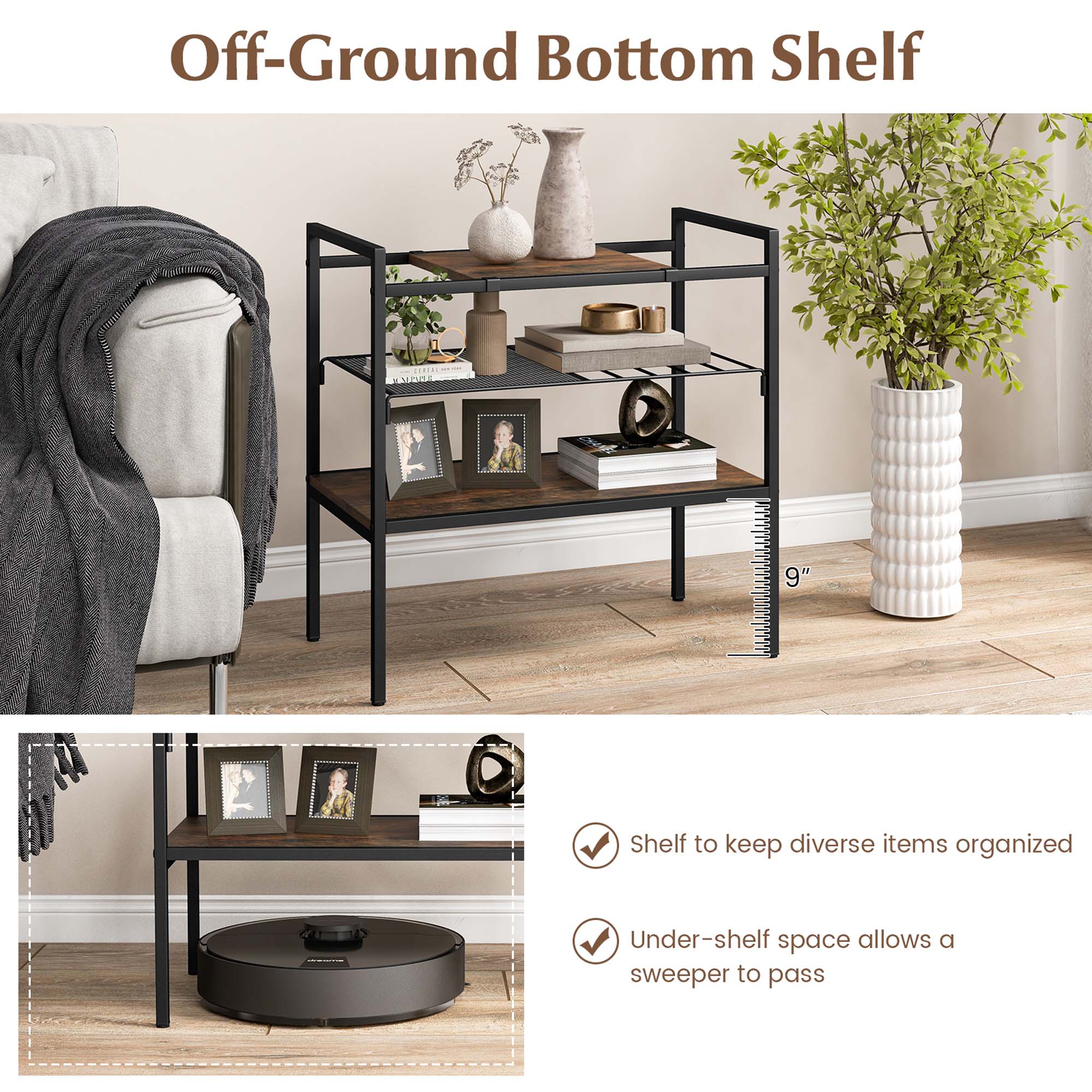 Costway Industrial Entryway Table 3-Tier Sofa Side Table with Removable Panel & Mesh Shelf