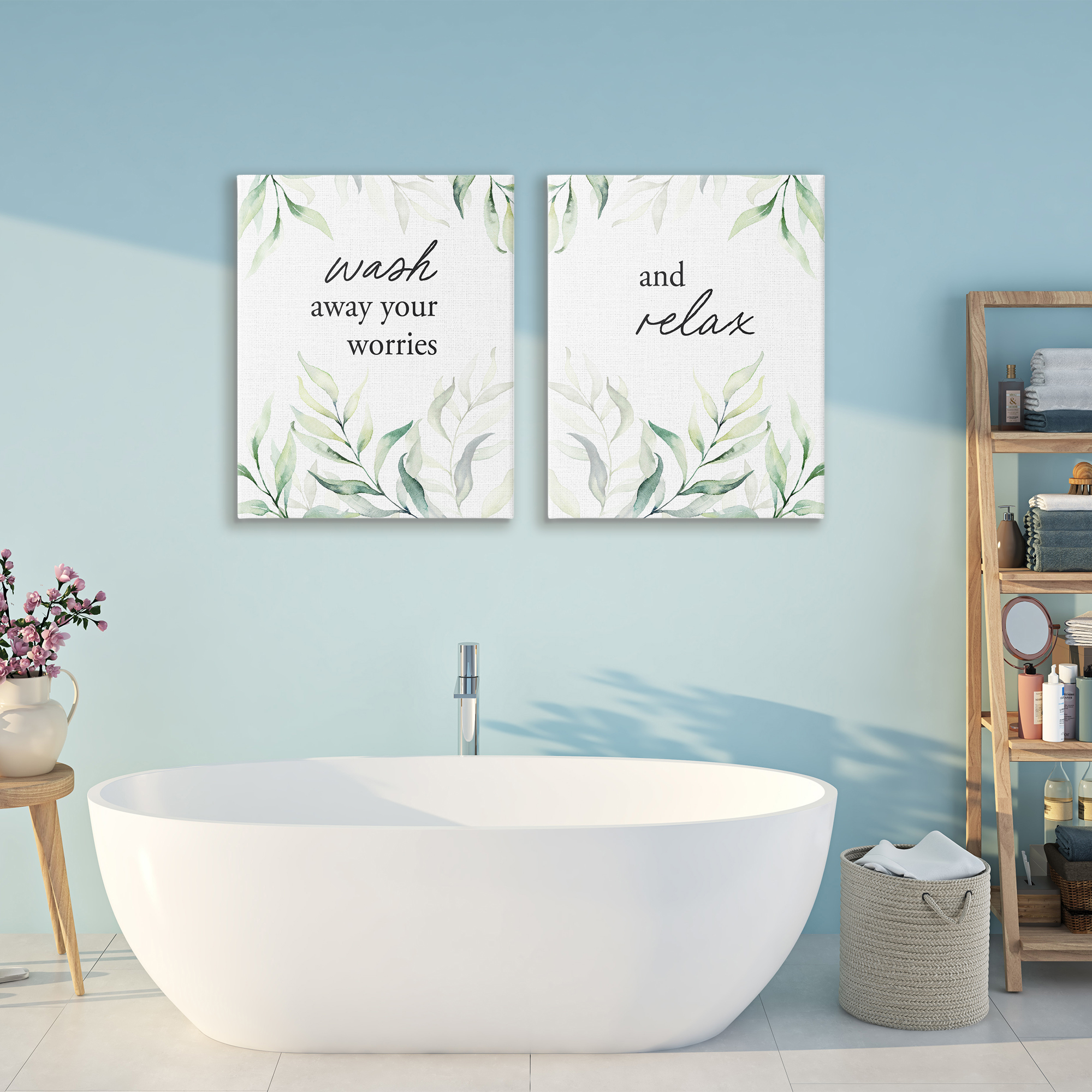 Soothing Bathroom Greenery Words 2 Piece Canvas Wall Art Set, design by Lettered and Lined