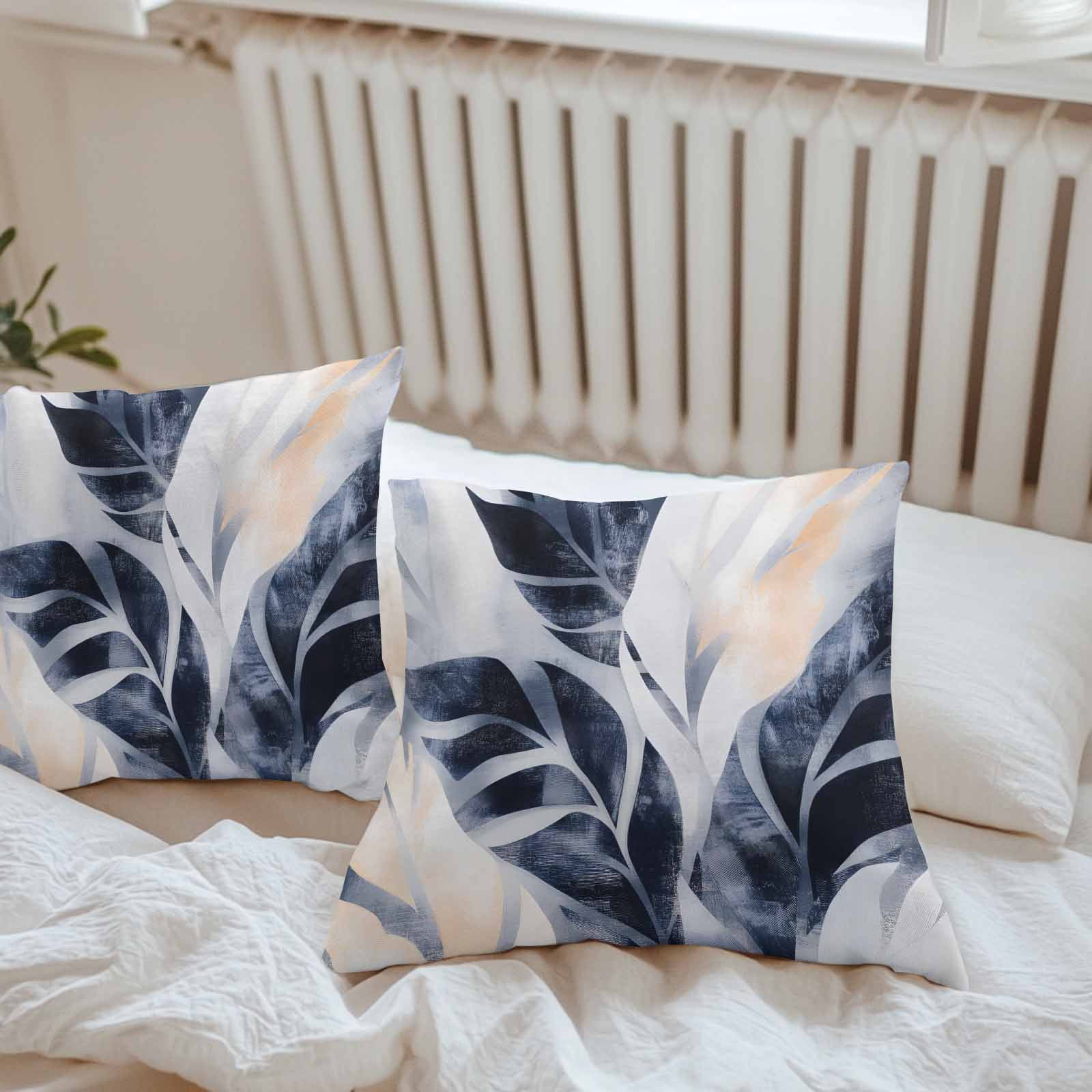 Waterproof Throw Pillow Covers Set of 2, 26x26 Inch Navy Blue Botanical Decorative Pillowcases Outdoor Pillow Slip Cushion Covers Set for Couch Tent Tropical Palm Leaves Vintage