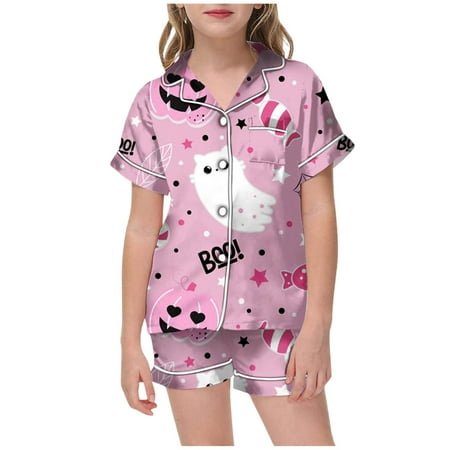 

OJinShaWanO White Outfit Pajamas for Children Personality Printed Shirt and Pant Matching Set Sleepwear Set with Pockets 6-7 Years