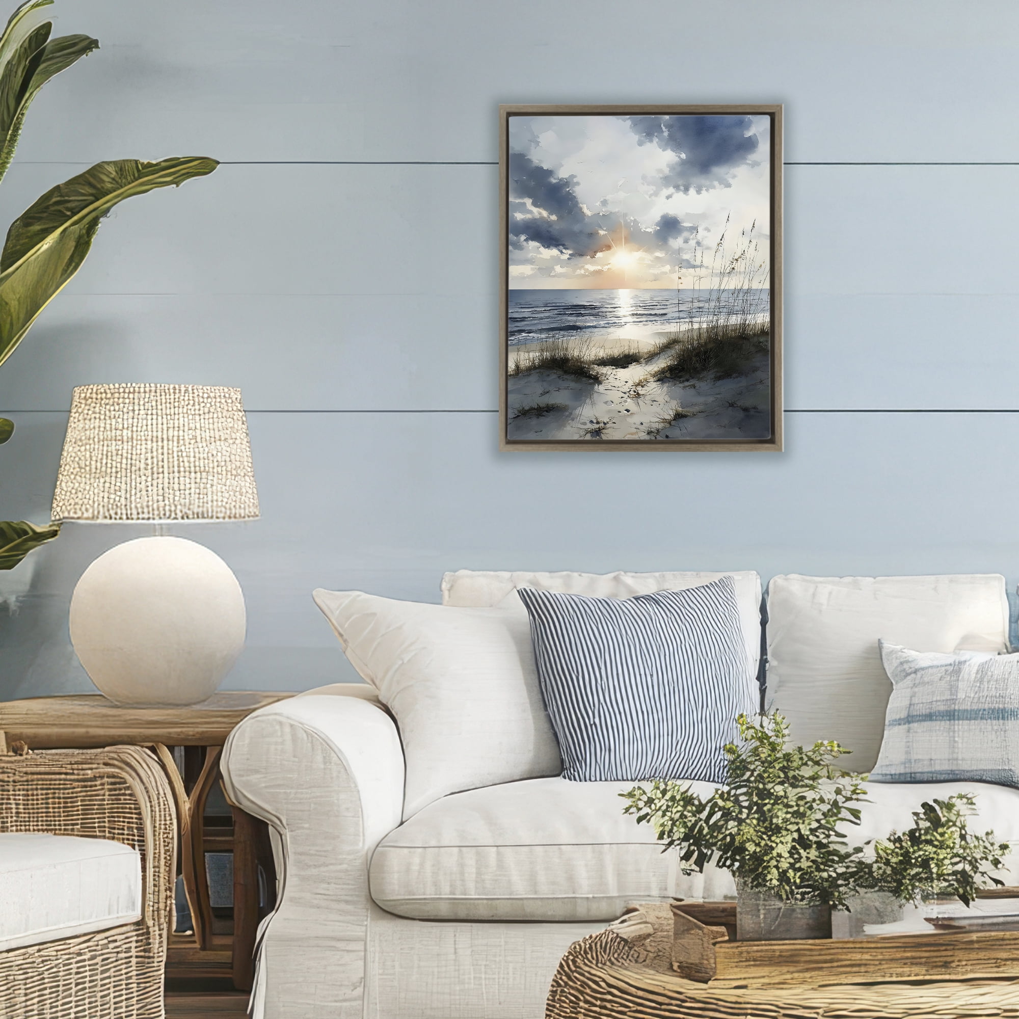 Stupell Industries Ocean Sunrise over Sandy Dunes Brown Framed Floater Canvas Wall Art, design by Franklyn Gregory