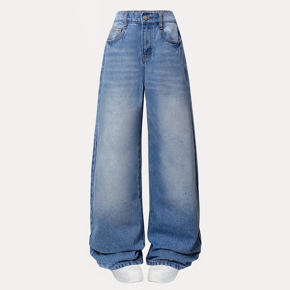 XQYLOS Teen Girls Mopping The Floor Jeans High Waist Wash Wide Leg Pants Button Adjust Baggy Denim Long Pants Cute Casual