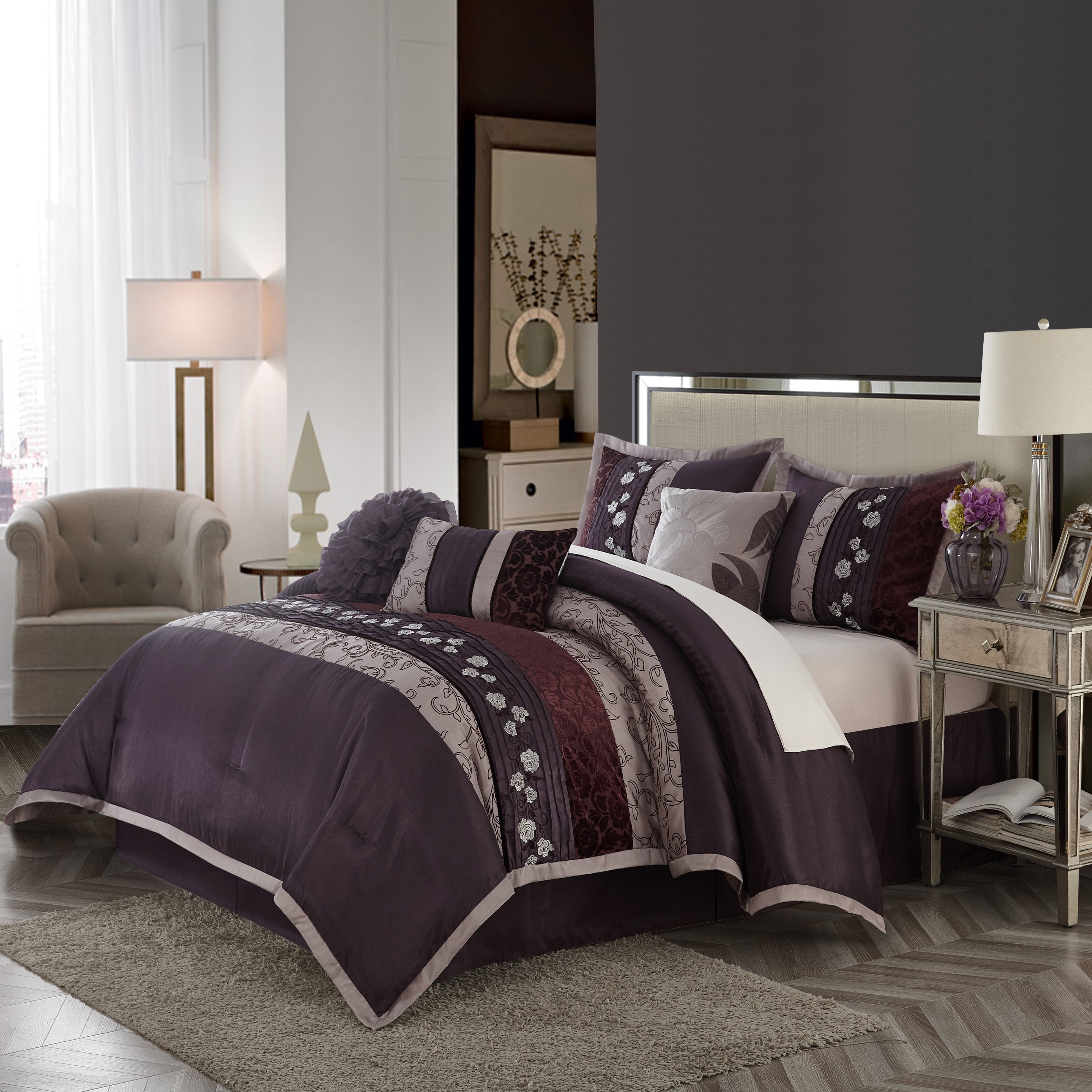 7 Piece Purple Lavender Grey Flocking Comforter Set Vine Bed In A Bag King Size Bedding by Grand Linen