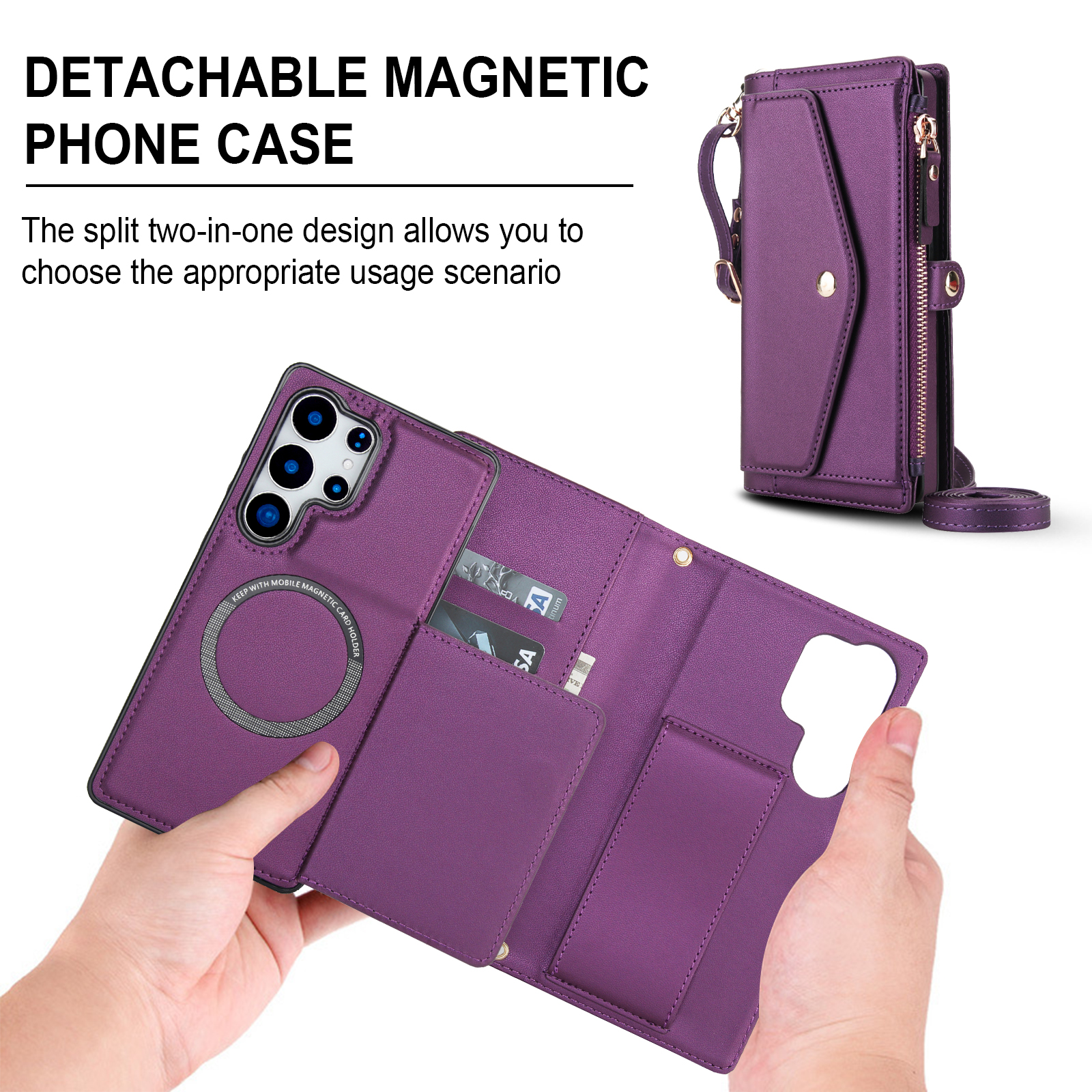Designed for Samsung Galaxy S24 Multi-Function Wallet Phone Case,With Shoulder Strap&Wrist Strap,Cash Pocket&Card Slots,Zipper Purse,Magnetic Detachable PU Leather Flip Phone Case,Purple