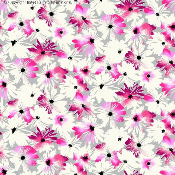 Challis Rayon Printed Nazly Woven Daisy Floral Dress Fabric (GREY/FUSCHIA/IVORY, ByYard)