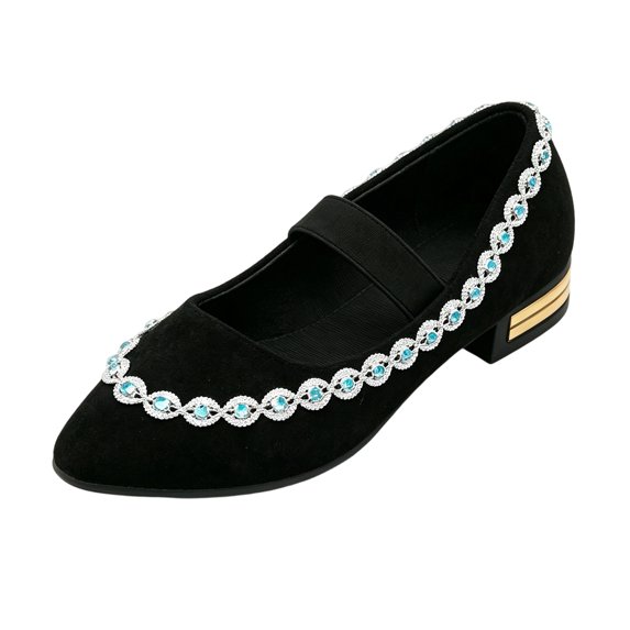 Willtoo Mary Jane Shoes Women Rhinestone Low Block Heel Pointed Toe Dress Flats Elastic Strap Slip On Non Slip Walking Shoes