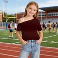 thumbnail image 3 of HAiming Girls Tops off the Shoulder Short Sleeve Striped Color Block T Shirts Loose Casual Fashion Tee Summer Vacation Workout Blouses, 3 of 9