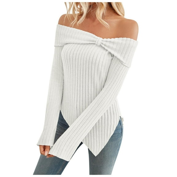 zaveiop Womens Cute Bow off Shoulder Knitted Sweater Shirt Tops Sexy Side Slit Pullover Trendy Y2k Aesthetic Clothes (White, L)