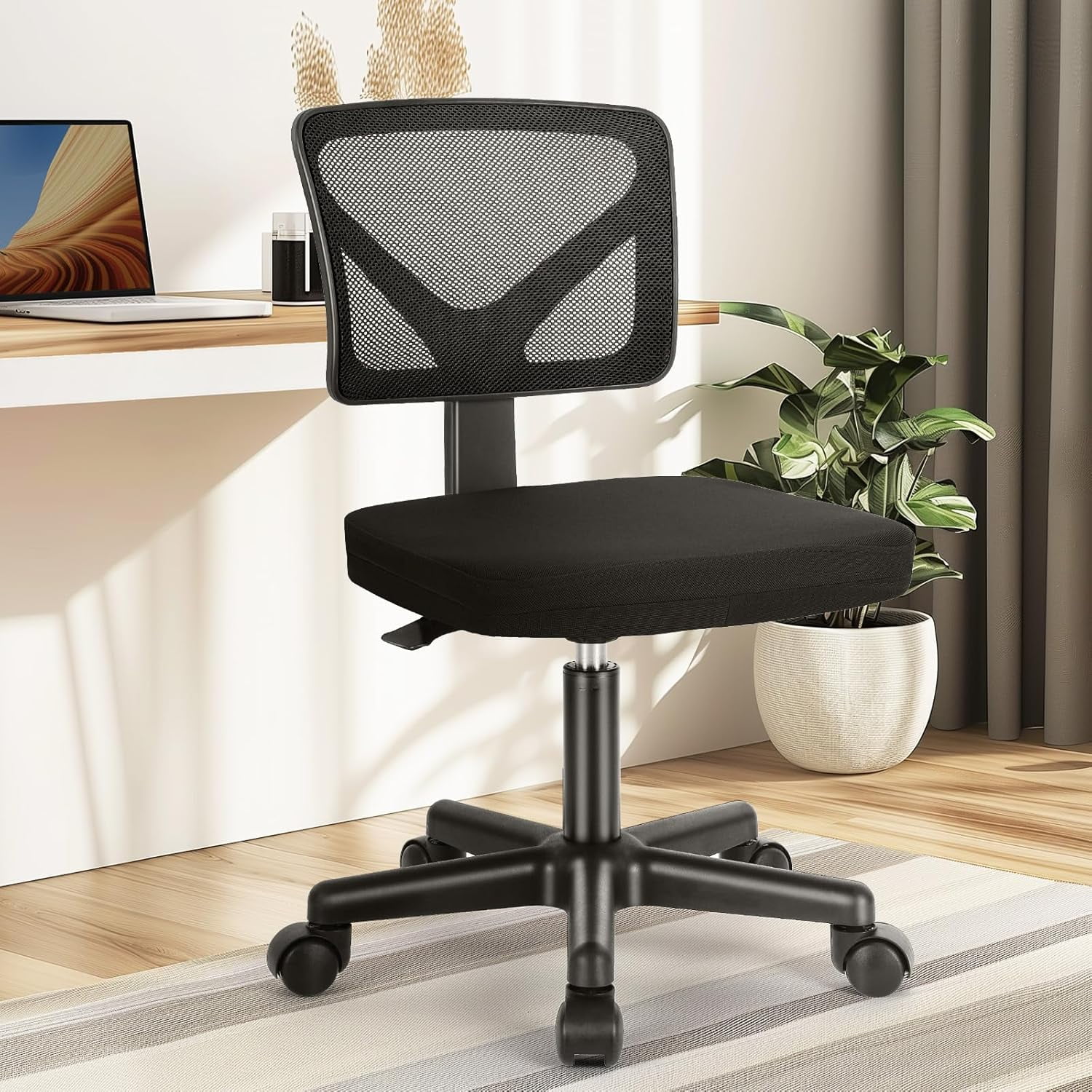 Armless Mesh Office Chair, Ergonomic Low-Back Swivel Desk Chair with Wheels and Lumbar Support, Height Adjustable, Black