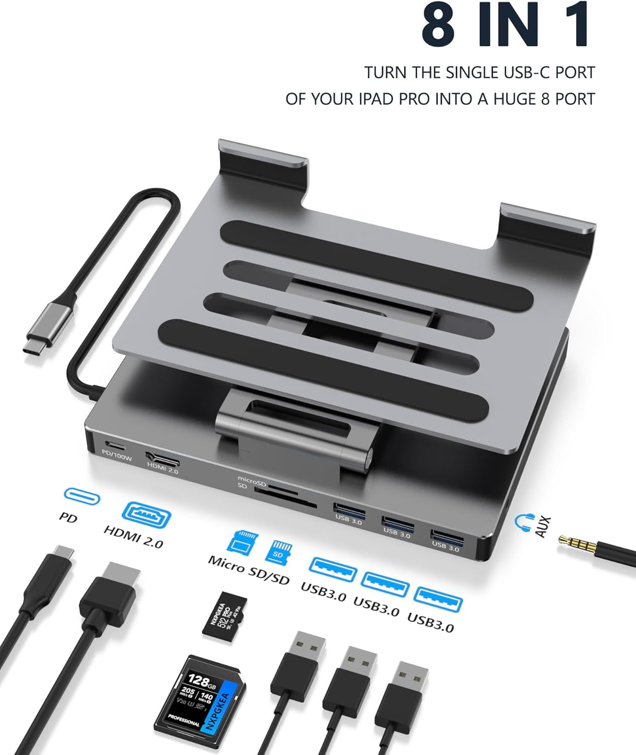 GKEAPZA iPad Pro USB C Hub Stand, 8-in-1 Adapter for iPad /Air/Pro/M4/M2/13/12.9 Docking Station Foldable 4K 60Hz HDMI, PD Charging, SD/TF Card Reader, 3 USB 3.0, 3.5mm Audio, iPad Dock Accessories