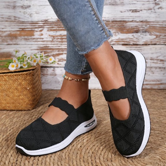 BOERTEU Women Hollow Knit Mary Jane Walking Flats, Wavy Elastic Strap Slip On Casual Shoes, Lightweight Non Slip Platform Daily Sneakers