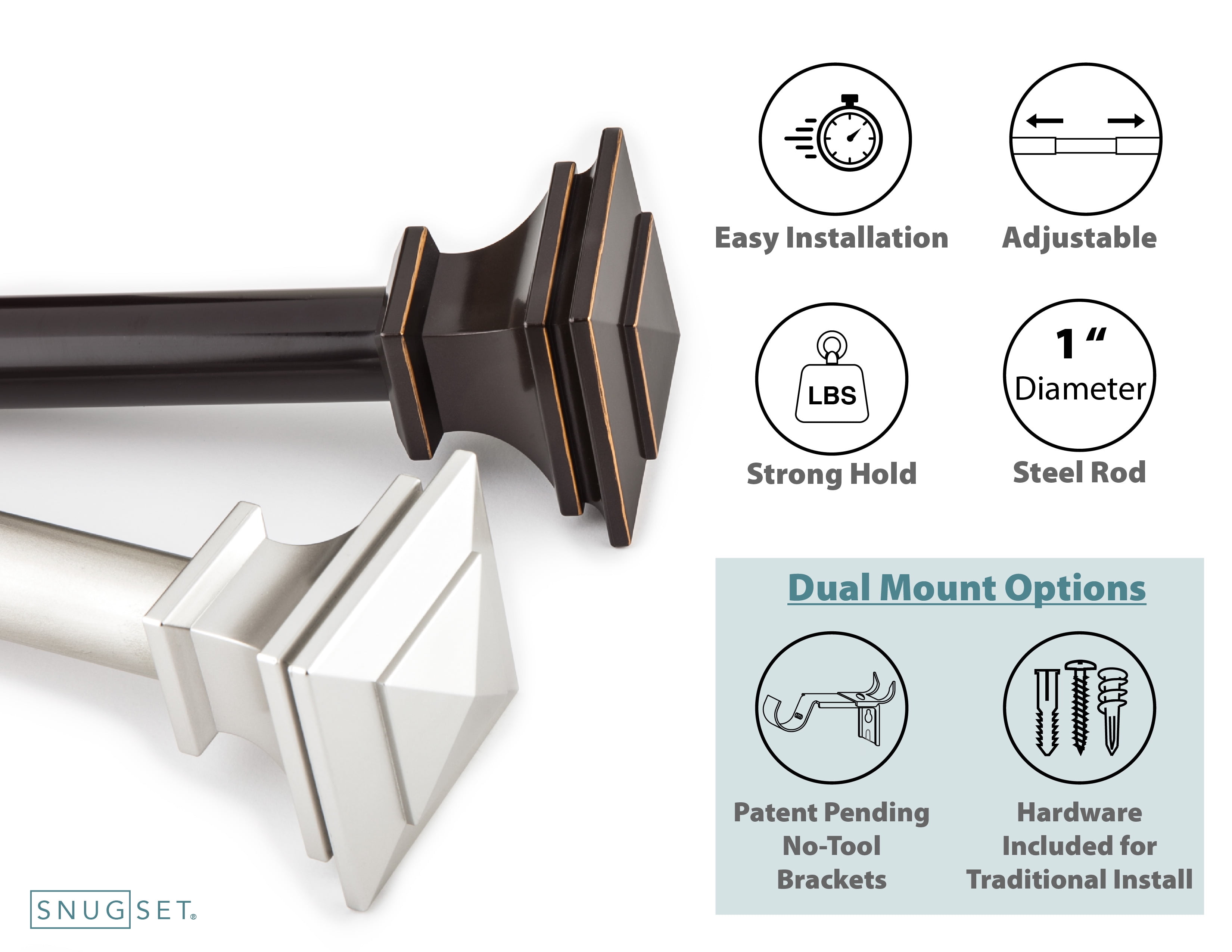 SnugSet 1" Nickel Andrew Square Adjustable Single Curtain Rod, 72"-144"