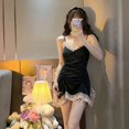 thumbnail image 4 of Pijamas de encaje femenino, camisones blancos sexys, ropa de casa de dos piezas con almohadillas para el pecho, camisón negro de lujo para mujer., 4 of 5