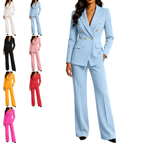MLCDZ Two Piece Sets for Women Blazer Double Breasted V Neck Long Sleeve Jacket Wide Leg Loose Pants Pockets Suits Set Office Work Business Casual Outfits