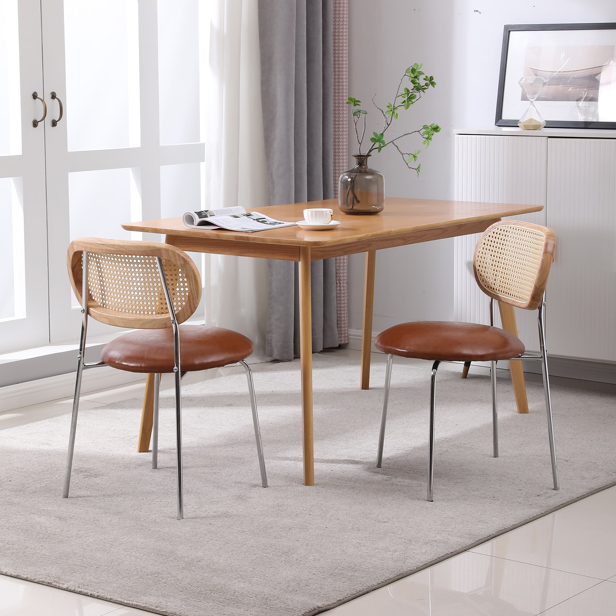 Kadyn PU 2pcs Dining Room Chairs with Rattan Backrest for Kitchen, Brown Kitchen Chairs Kadyn PU 2pcs Dining Room Chairs with Rattan Backrest for Kitchen, Brown Kitchen Chairs