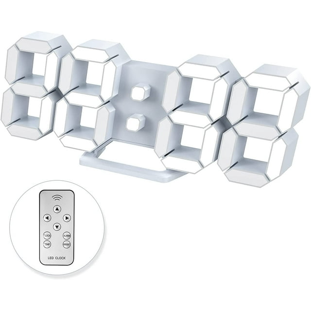 Led Digital Alarm, 3D Wall Clock Desk Auto Dimming 12/24 Hour Date Temperature Home Decor Remote Control Silent Snooze USB Nightlight Bedroom Living Room Kitchen Office 9.7inch Cool White