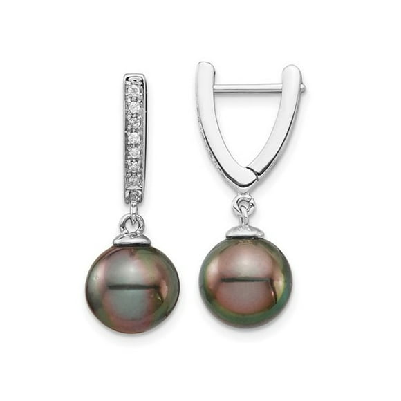 14K White Gold Black Saltwater Tahitian Dangle Pearl Earrings (9-10mm)
