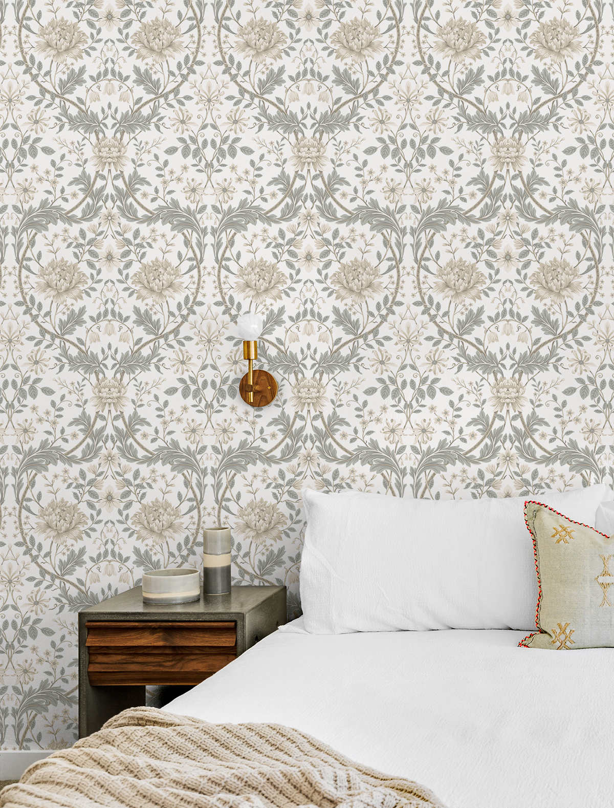 Seabrook Designs Ivory & Grey Honeysuckle Floral Prepasted Wallpaper - 20.9 in. W x 33 ft. Roll