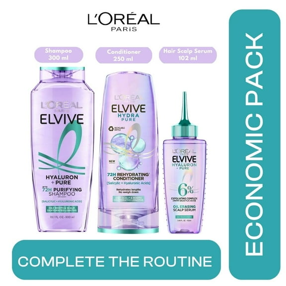 Loreal Paris Elseve (Elvive) Hydra [Hyaluronic] Pure Salicylic Acid 3 Economic Pack Shampoo,Conditioner and Hair Scalp Serum