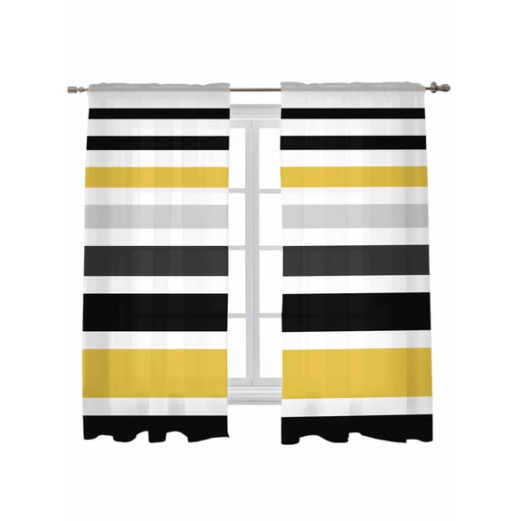Yellow Black Stripe Curtains 72 Inch Length,Sheer Curtains for Bedroom Living Room Window Modern Abstract Art Coarse Striped Rod Pocket Drapes Kitchen Curtains Small Half Window 52"x72" 2 Panels