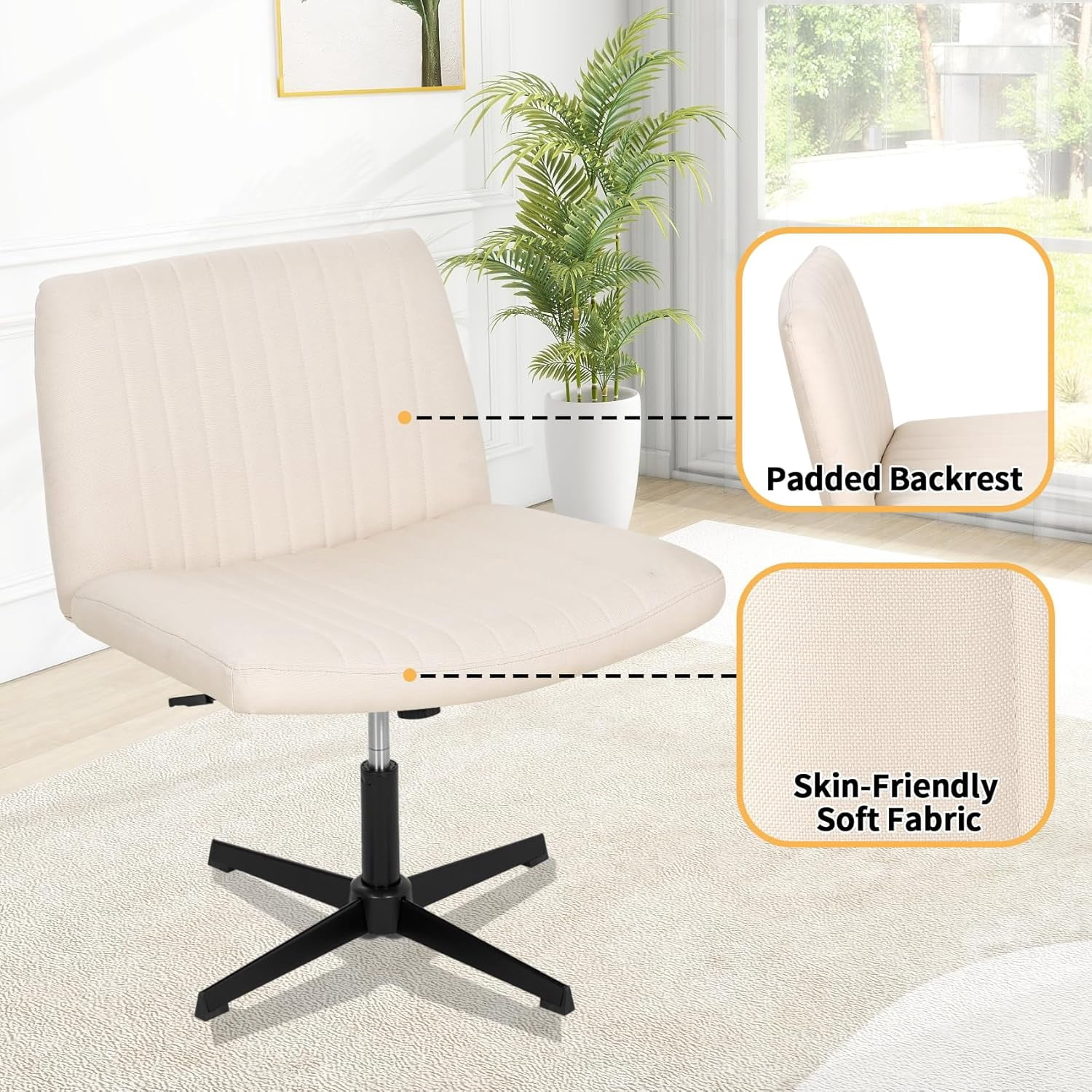 XF XINFENG Criss Cross Chair with back Armless Home/Office Chair No Wheels Modern Swivel Height Adjustable Ergonomic Desk Chair with Wide Seat Computer Task Vanity,Beige