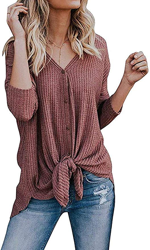 Womens V Neck Long Sleeve Button Down T Shirts Tie Front Casual Henley Tops