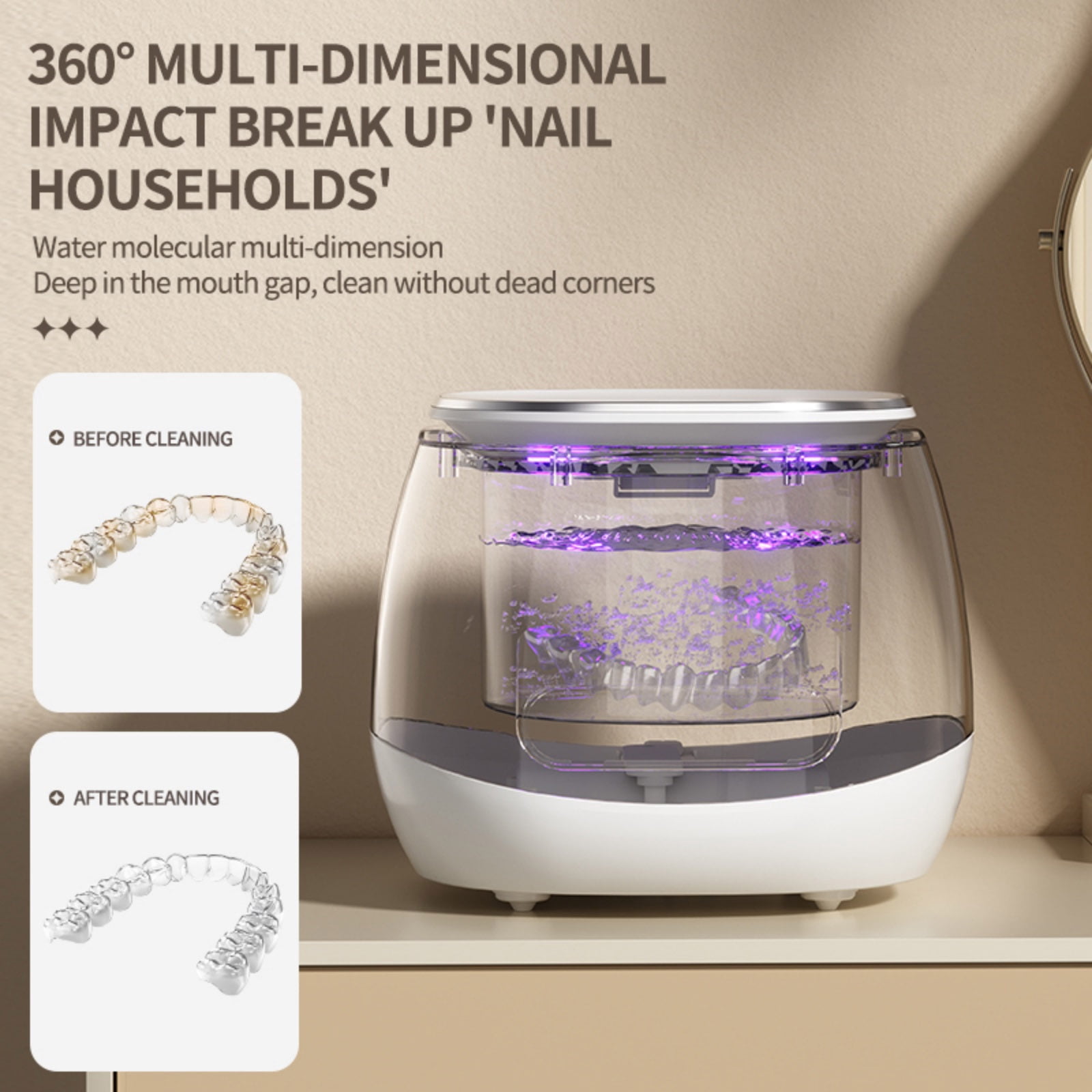 JIAHAOO Rechargeable Ultrasonic Cleaner 2000mAh Battery Stainless Steel Tank For Retainer Jewelry Accessory Care