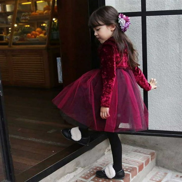 Girls Velvet Tutu Dress With Long Sleeve Ruffle Trim – Burgundy Party Dress For Toddlers